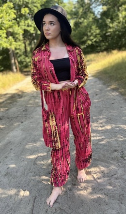 Sunrise Bliss — komplet koszula i spodnie tie‑dye w odcieniach wschodu słońca